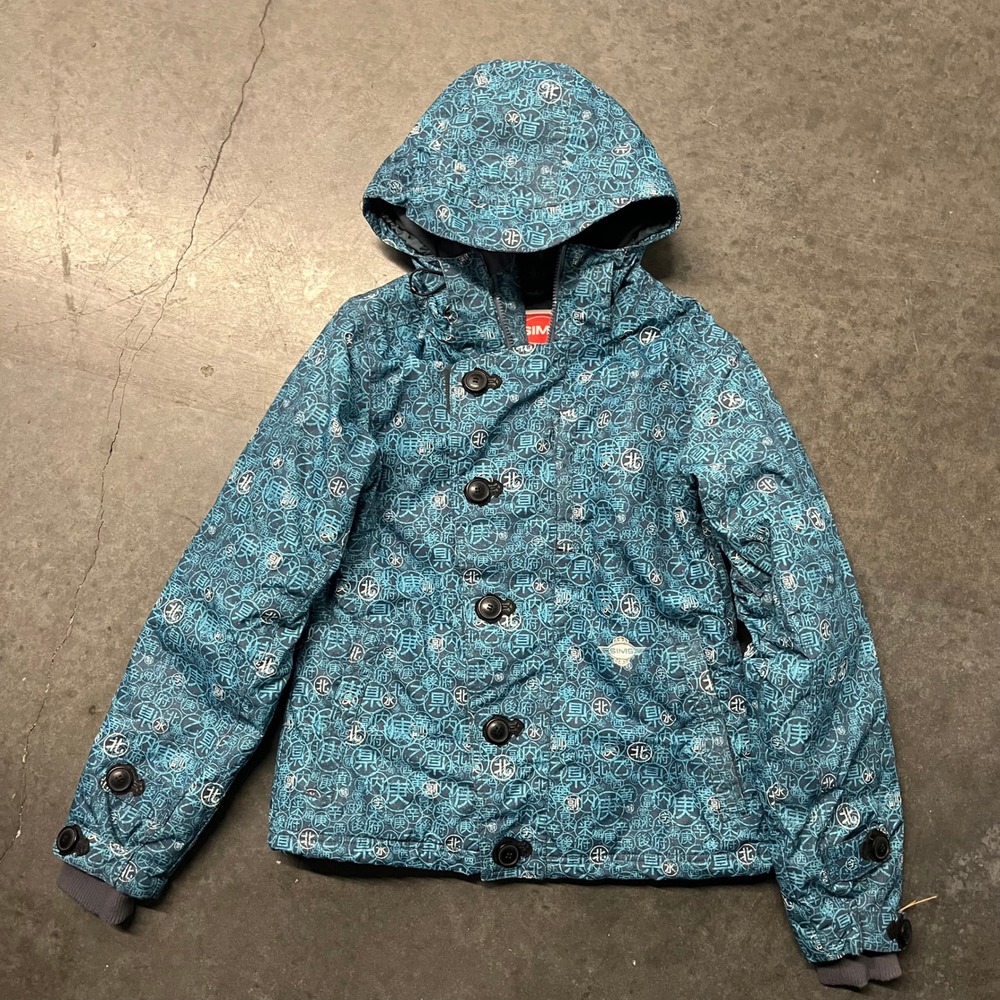 Sims Womens Small Snowboard Jacket Blue Teal Kanji Print Hooded Insulated Winter
